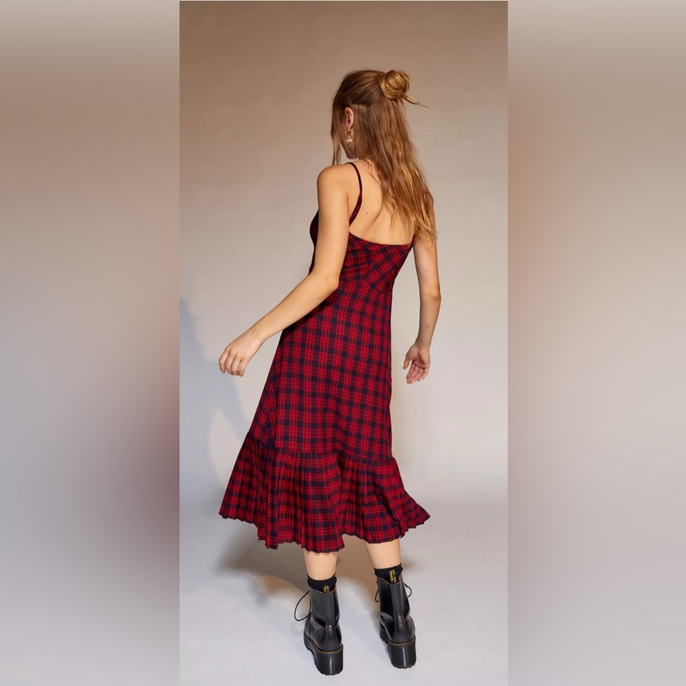 Urban Outfitters Waldorf Red & Black Plaid Pleated Flannel Slip Midi Dress - Picture 7 of 7